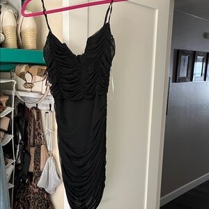 Lulu's Black Ruched Slip Dress with Spaghetti Straps